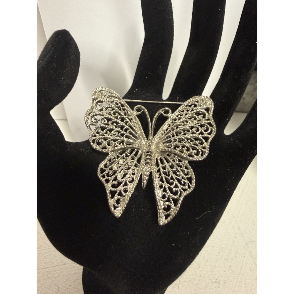 Vintage M Jent Silver Tone Metal Filigree Butterfly Pin/Brooch Signed